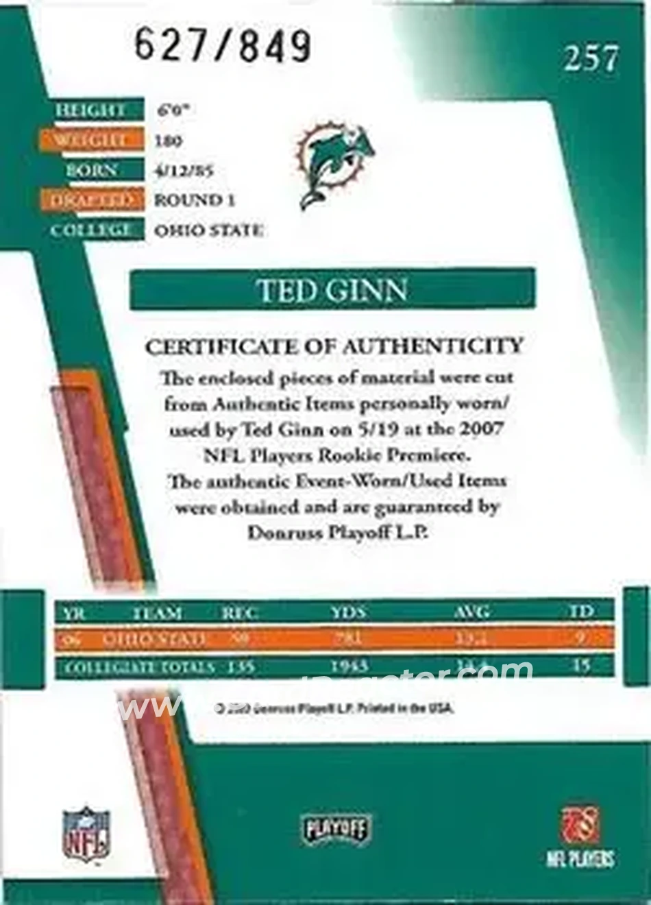 2007 Playoff Absolute Memorabilia #257 - Ted Ginn Jr. - Miami Dolphins - Back 2007 Playoff Absolute Memorabilia #257 - Ted Ginn Jr. - Miami Dolphins - Back