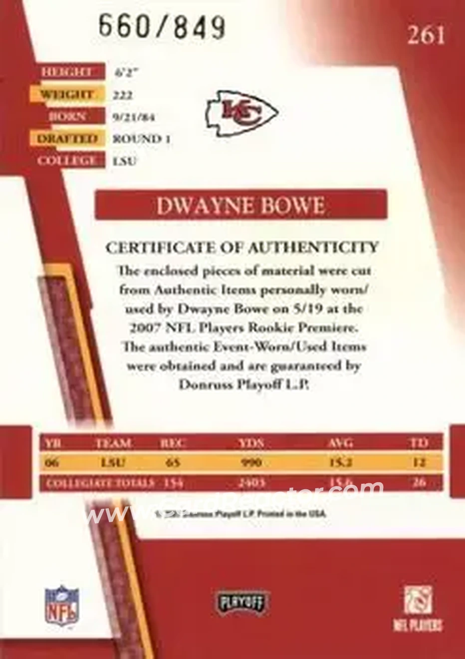 2007 Playoff Absolute Memorabilia #261 - Dwayne Bowe - Kansas City Chiefs - Back