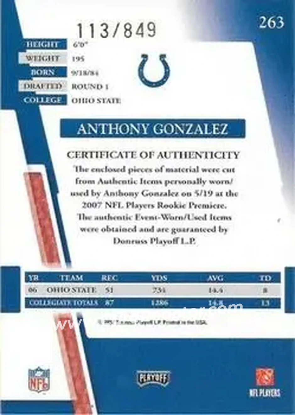 2007 Playoff Absolute Memorabilia #263 - Anthony Gonzalez - Indianapolis Colts - Back