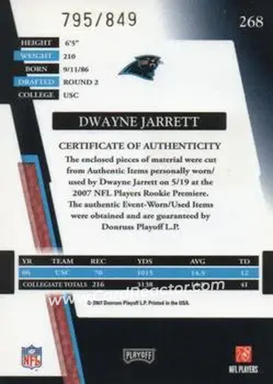 2007 Playoff Absolute Memorabilia #268 - Dwayne Jarrett - Carolina Panthers - Back