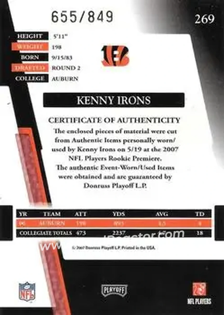 2007 Playoff Absolute Memorabilia #269 - Kenny Irons - Cincinnati Bengals - Back