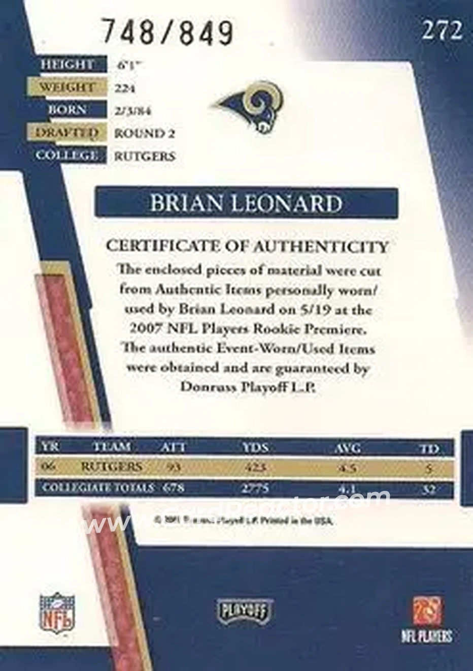 2007 Playoff Absolute Memorabilia #272 - Brian Leonard - St. Louis Rams - Back 2007 Playoff Absolute Memorabilia #272 - Brian Leonard - St. Louis Rams - Back