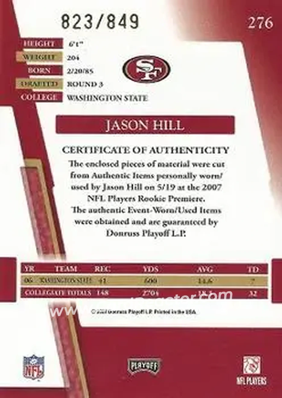 2007 Playoff Absolute Memorabilia #276 - Jason Hill - San Francisco 49ers - Back 2007 Playoff Absolute Memorabilia #276 - Jason Hill - San Francisco 49ers - Back