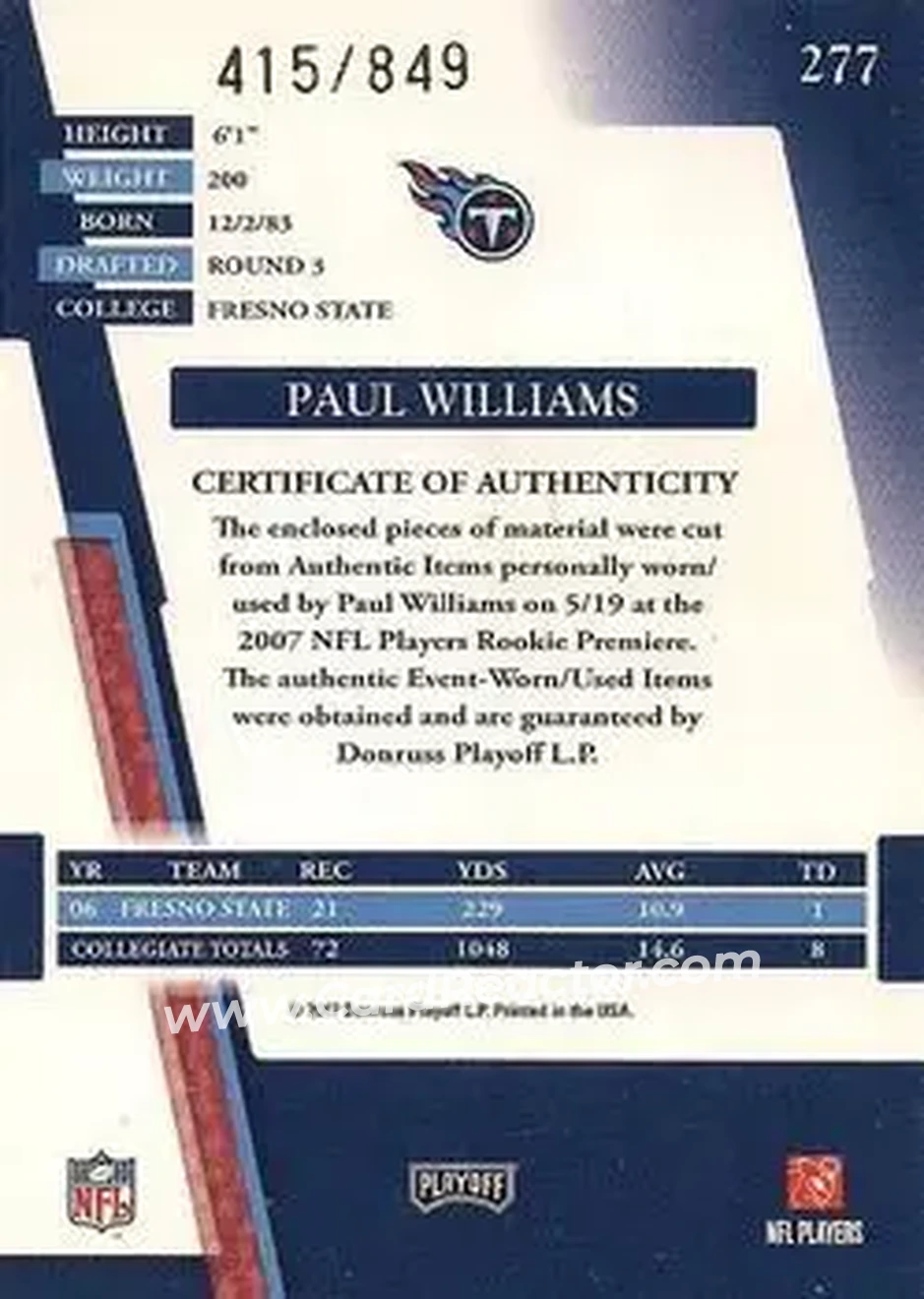 2007 Playoff Absolute Memorabilia #277 - Paul Williams - Tennessee Titans - Back