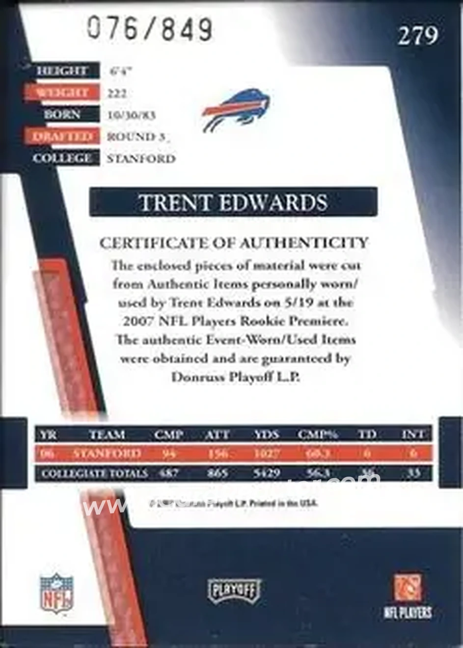 2007 Playoff Absolute Memorabilia #279 - Trent Edwards - Buffalo Bills - Back