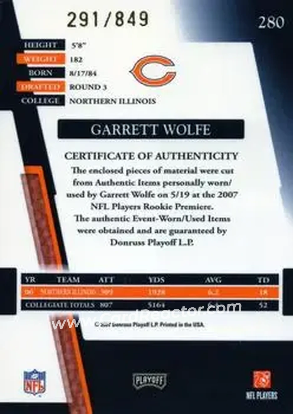 2007 Playoff Absolute Memorabilia #280 - Garrett Wolfe - Chicago Bears - Back 2007 Playoff Absolute Memorabilia #280 - Garrett Wolfe - Chicago Bears - Back