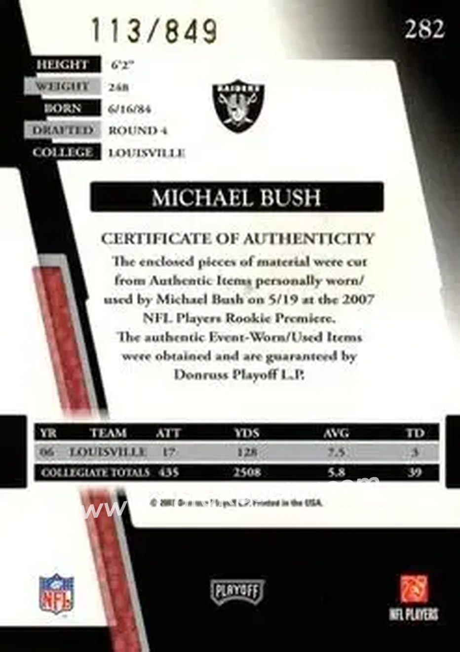 2007 Playoff Absolute Memorabilia #282 - Michael Bush - Oakland Raiders - Back