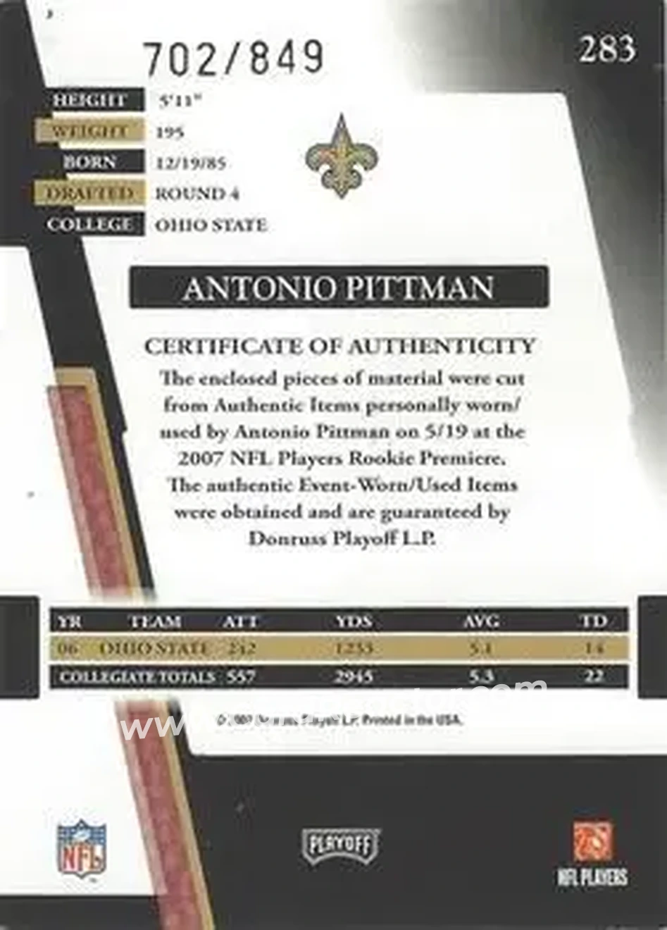 2007 Playoff Absolute Memorabilia #283 - Antonio Pittman - New Orleans Saints - Back
