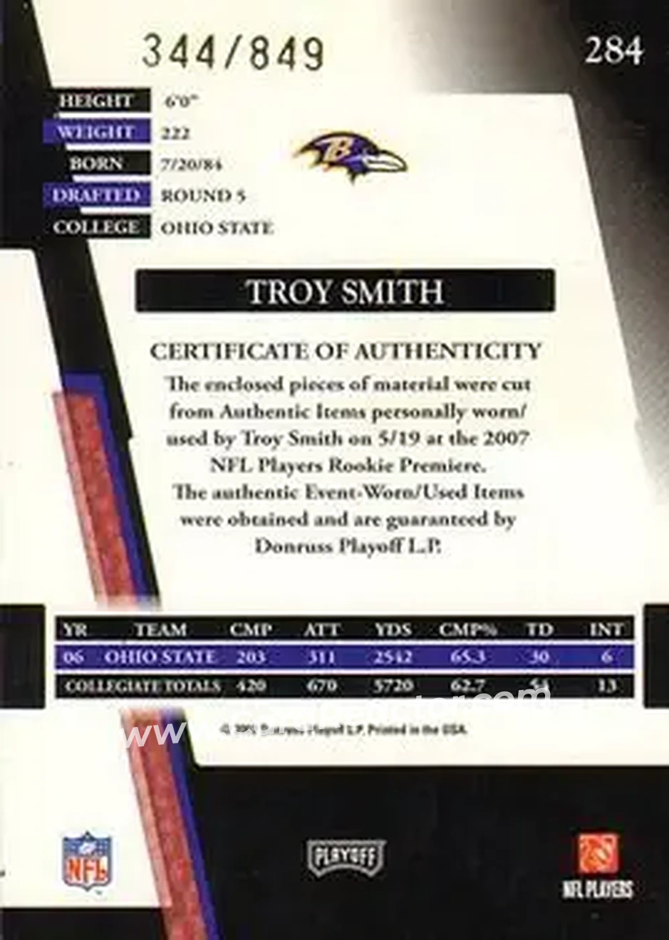 2007 Playoff Absolute Memorabilia #284 - Troy Smith - Baltimore Ravens - Back