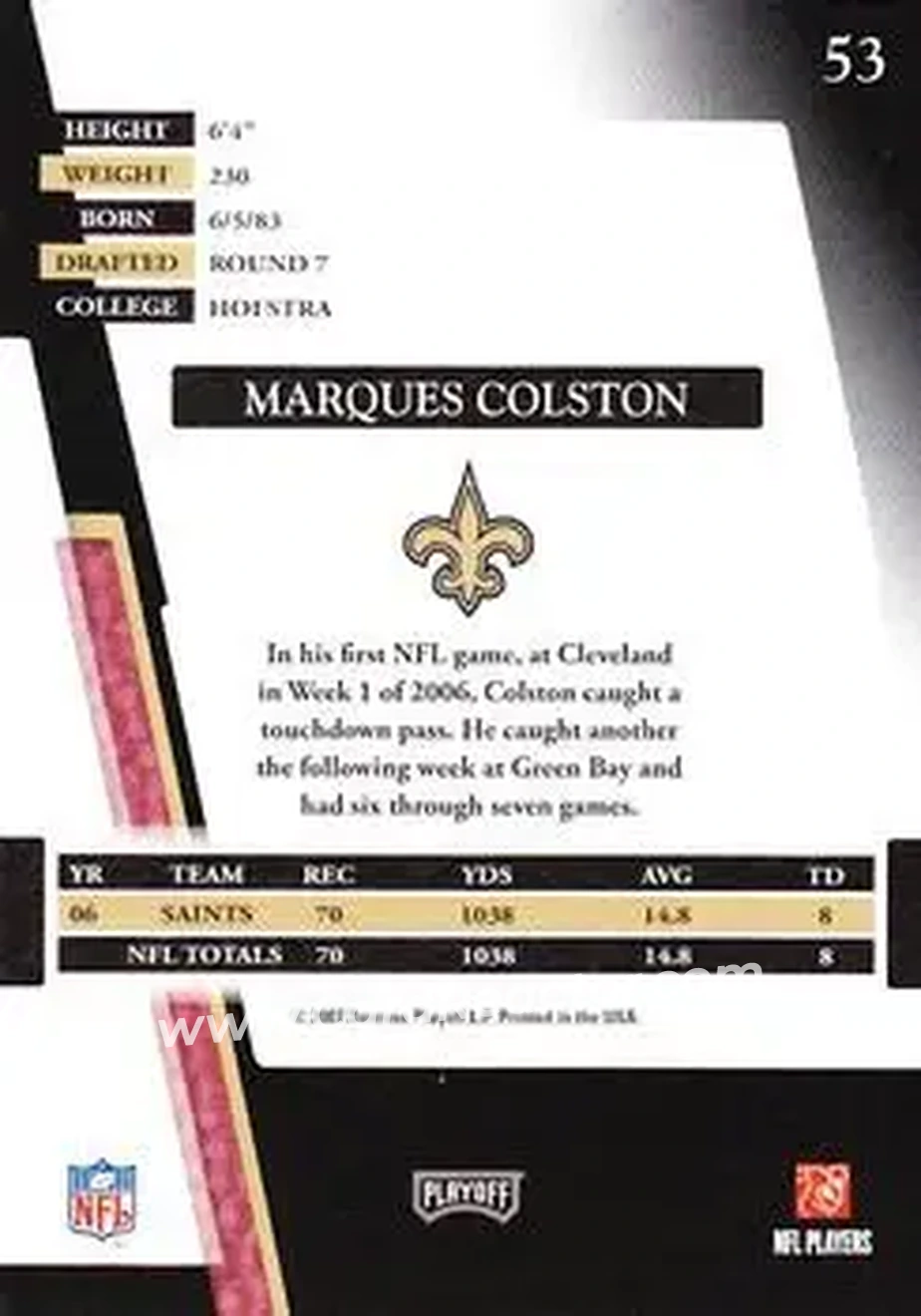 2007 Playoff Absolute Memorabilia #53 - Marques Colston - New Orleans Saints - Back 2007 Playoff Absolute Memorabilia #53 - Marques Colston - New Orleans Saints - Back