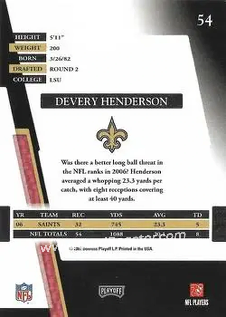 2007 Playoff Absolute Memorabilia #54 - Devery Henderson - New Orleans Saints - Back