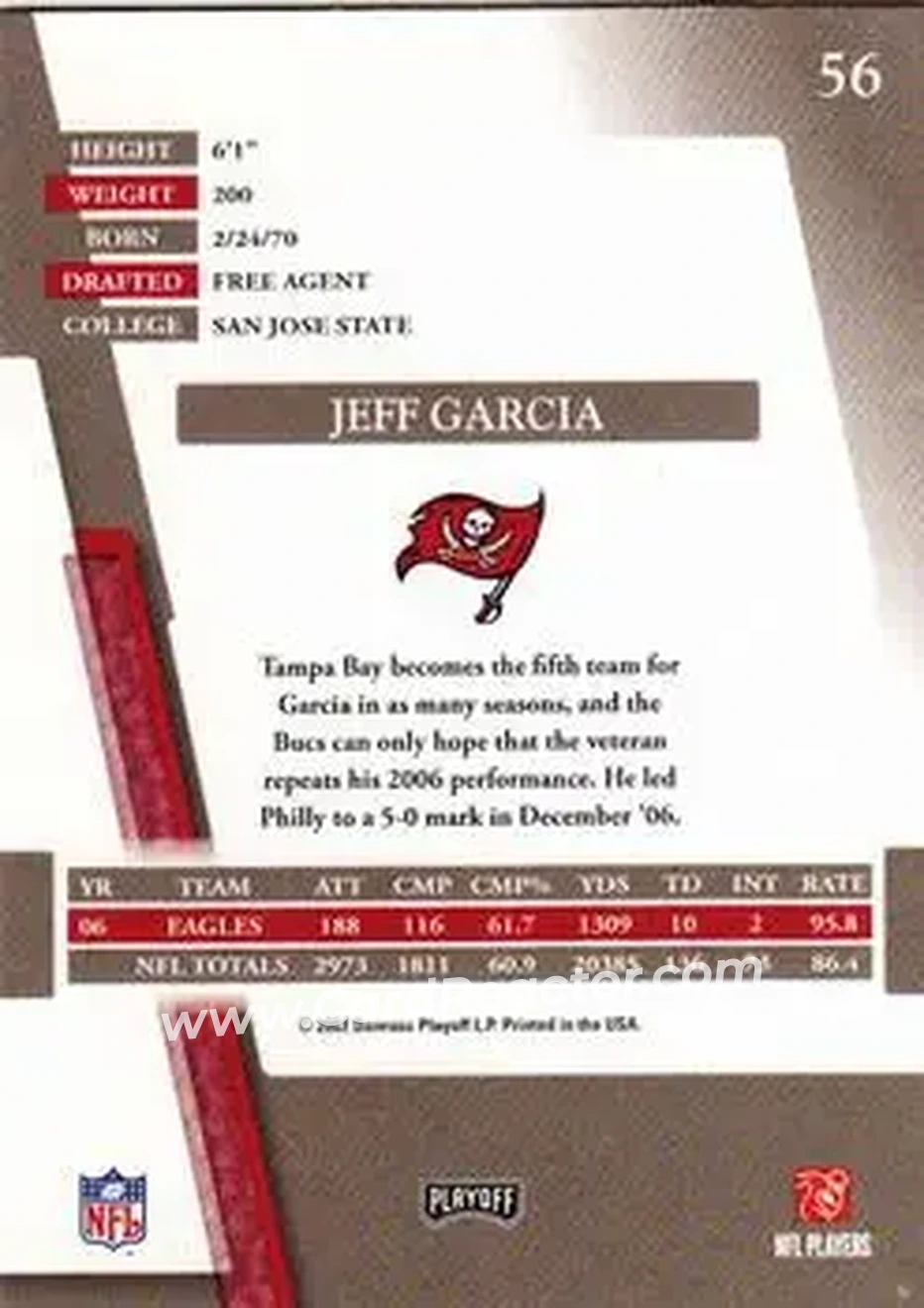 2007 Playoff Absolute Memorabilia #56 - Jeff Garcia - Tampa Bay Buccaneers - Back