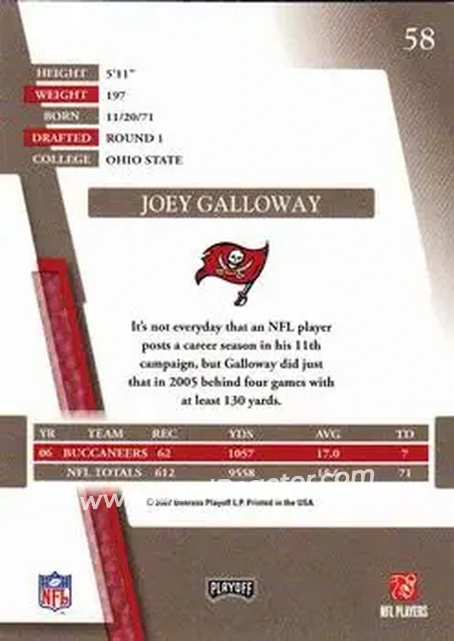 2007 Playoff Absolute Memorabilia #58 - Joey Galloway - Tampa Bay Buccaneers - Back