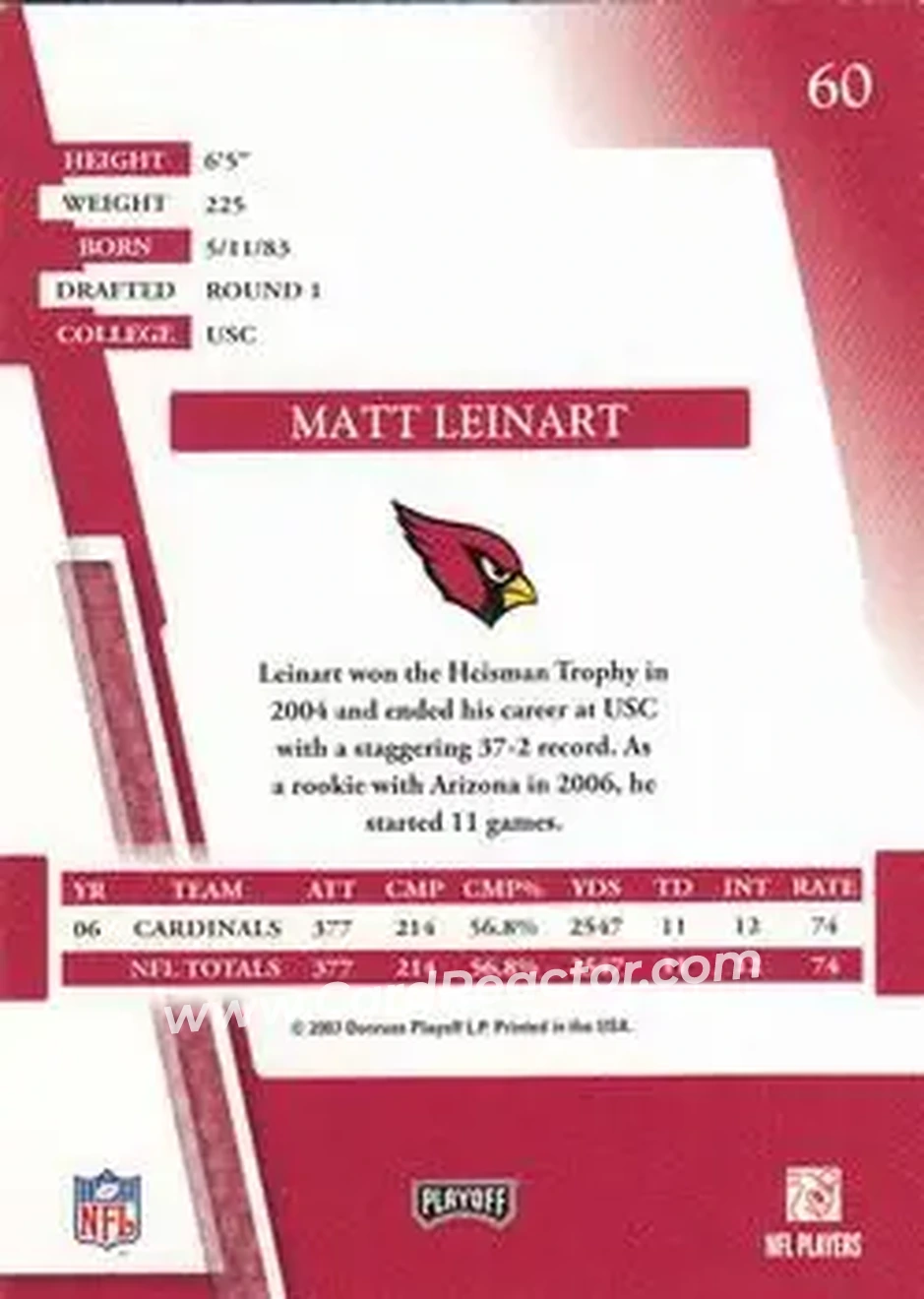 2007 Playoff Absolute Memorabilia #60 - Matt Leinart - Arizona Cardinals - Back 2007 Playoff Absolute Memorabilia #60 - Matt Leinart - Arizona Cardinals - Back
