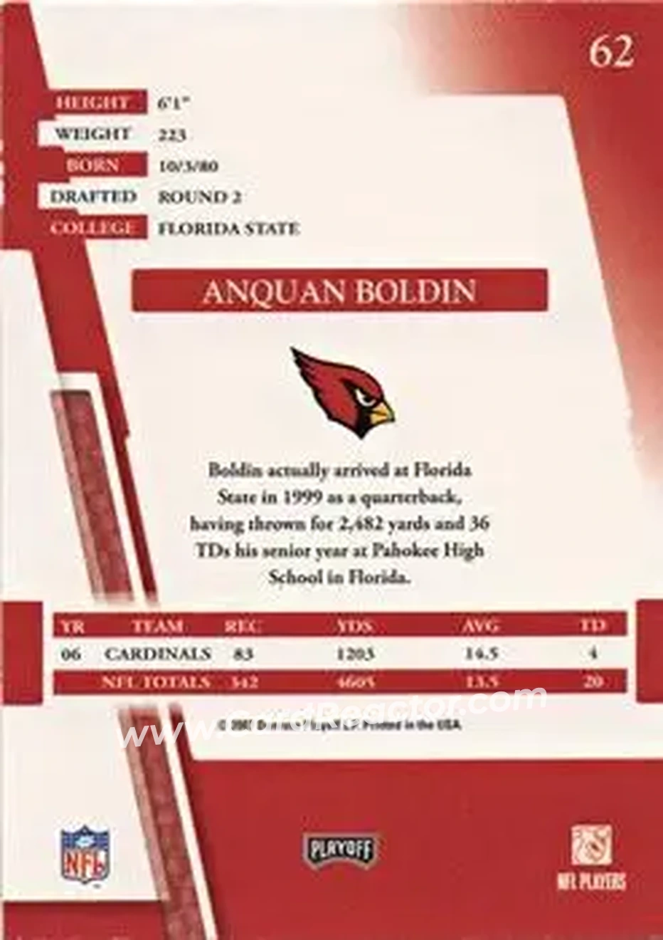 2007 Playoff Absolute Memorabilia #62 - Anquan Boldin - Arizona Cardinals - Back 2007 Playoff Absolute Memorabilia #62 - Anquan Boldin - Arizona Cardinals - Back