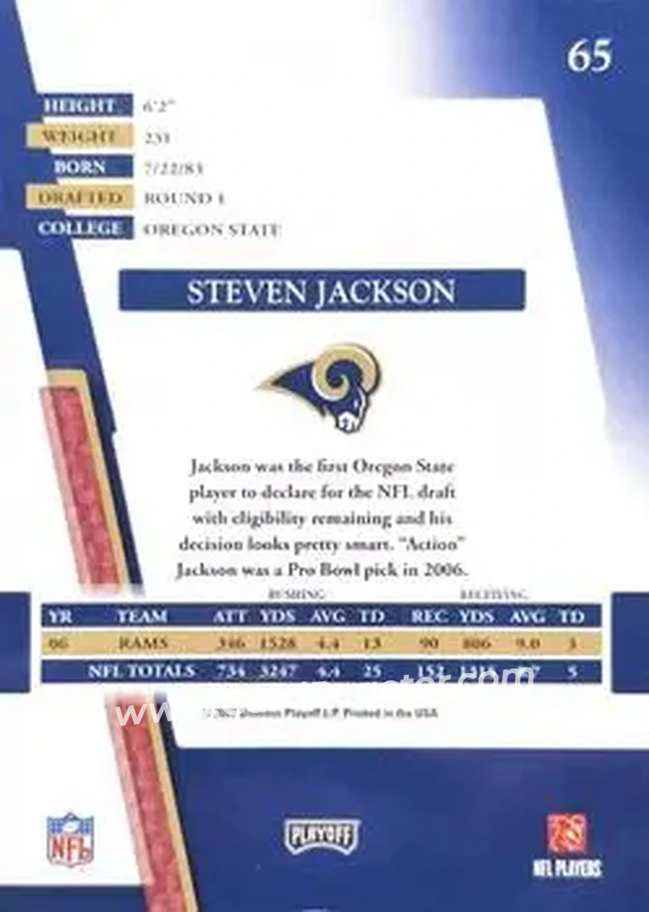 2007 Playoff Absolute Memorabilia #65 - Steven Jackson - St. Louis Rams - Back