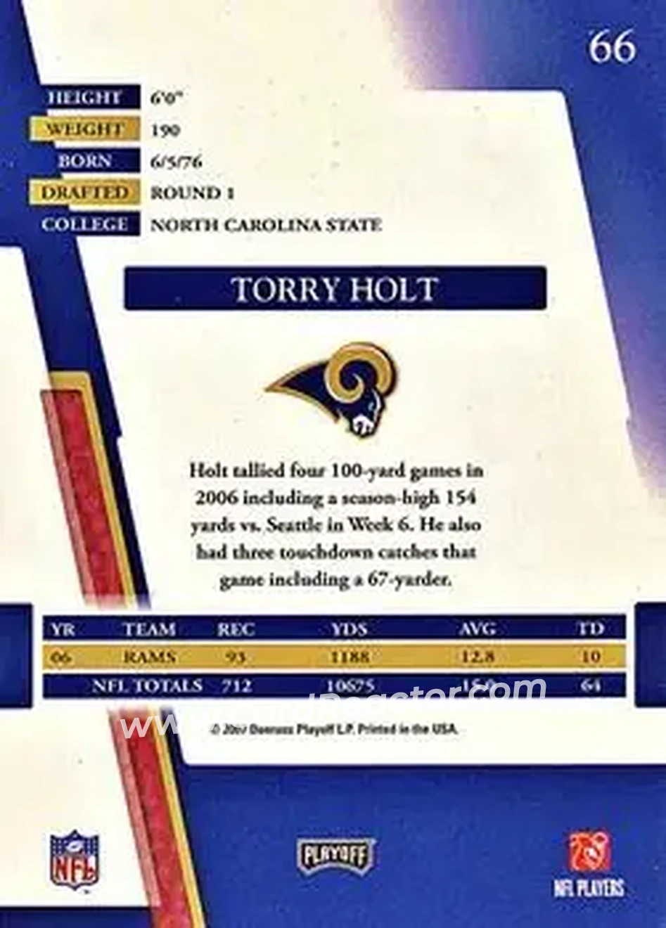 2007 Playoff Absolute Memorabilia #66 - Torry Holt - St. Louis Rams - Back 2007 Playoff Absolute Memorabilia #66 - Torry Holt - St. Louis Rams - Back