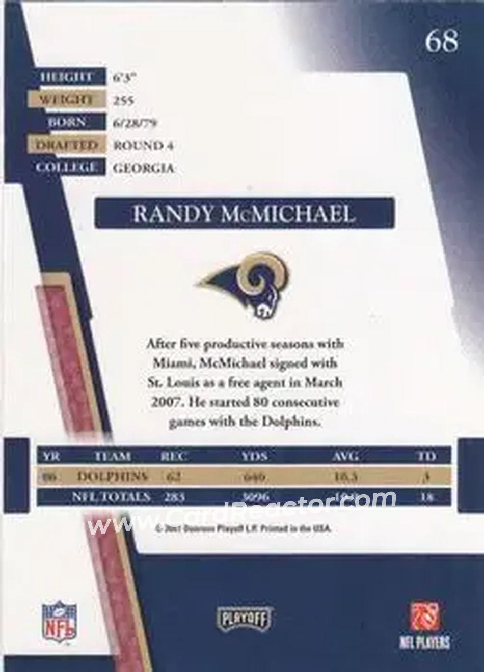 2007 Playoff Absolute Memorabilia #68 - Randy McMichael - St. Louis Rams - Back