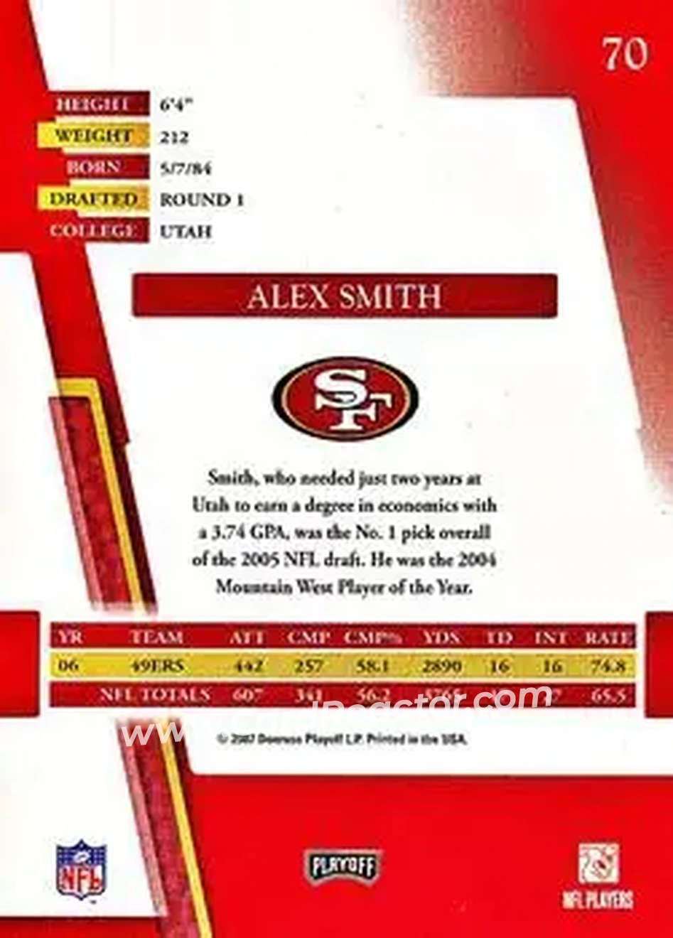 2007 Playoff Absolute Memorabilia #70 - Alex Smith - San Francisco 49ers - Back 2007 Playoff Absolute Memorabilia #70 - Alex Smith - San Francisco 49ers - Back