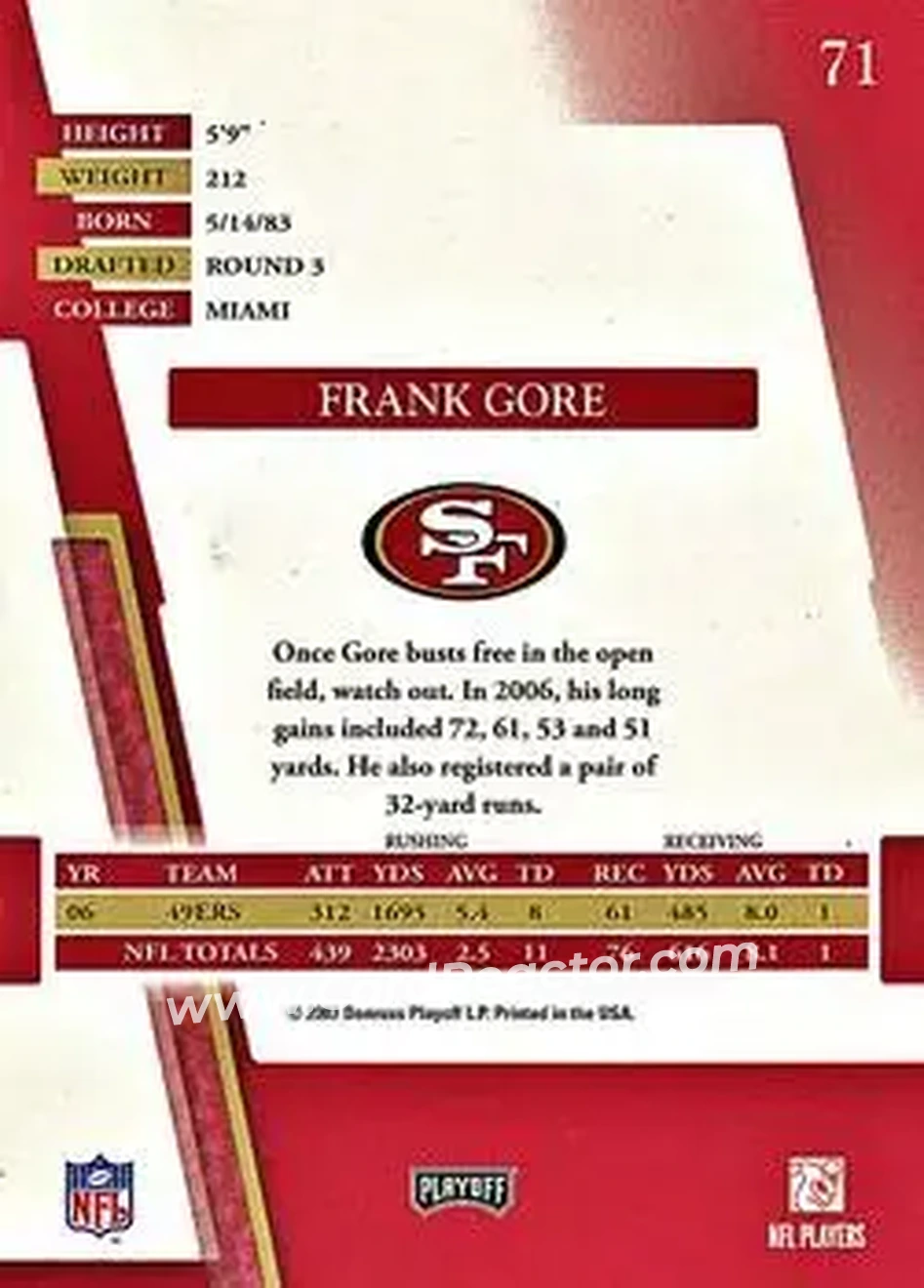 2007 Playoff Absolute Memorabilia #71 - Frank Gore - San Francisco 49ers - Back