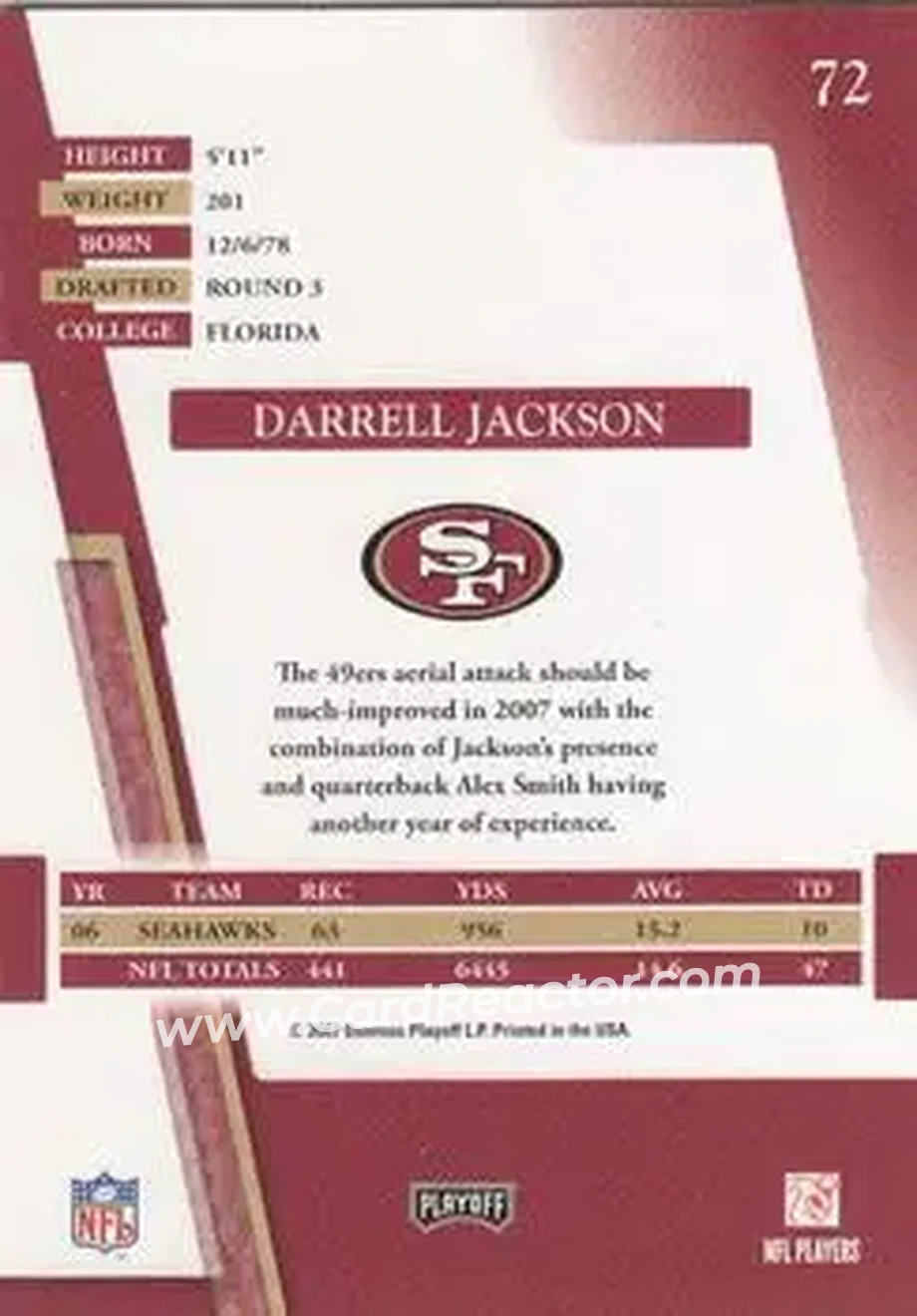 2007 Playoff Absolute Memorabilia #72 - Darrell Jackson - San Francisco 49ers - Back