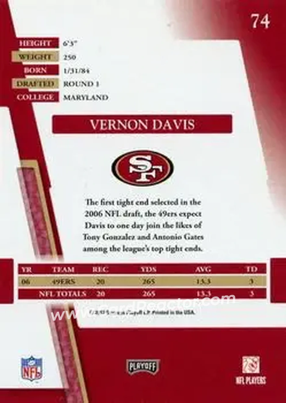 2007 Playoff Absolute Memorabilia #74 - Vernon Davis - San Francisco 49ers - Back