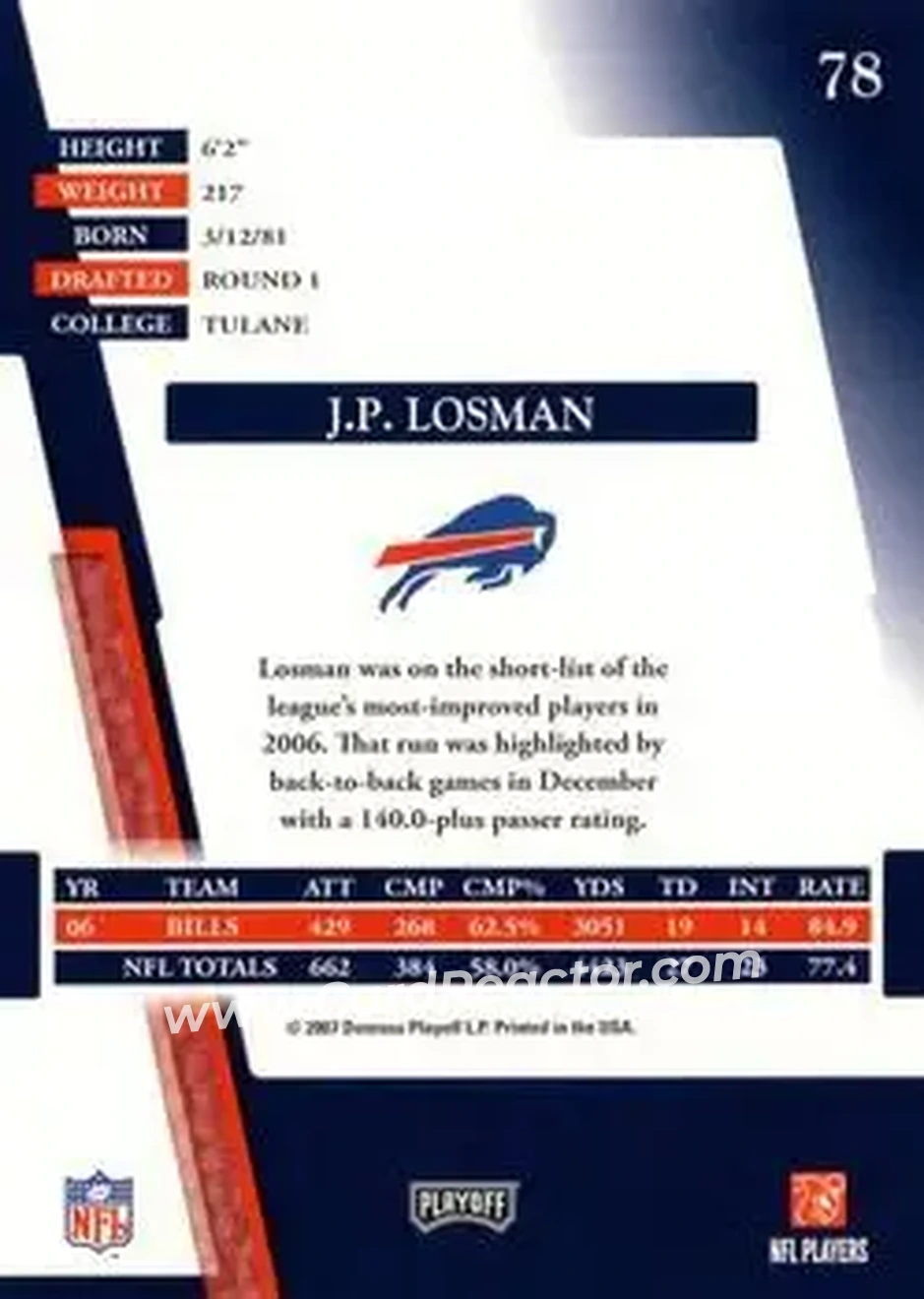 2007 Playoff Absolute Memorabilia #78 - J.P. Losman - Buffalo Bills - Back