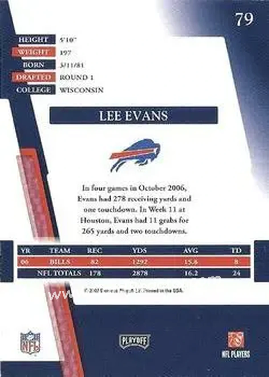 2007 Playoff Absolute Memorabilia #79 - Lee Evans - Buffalo Bills - Back