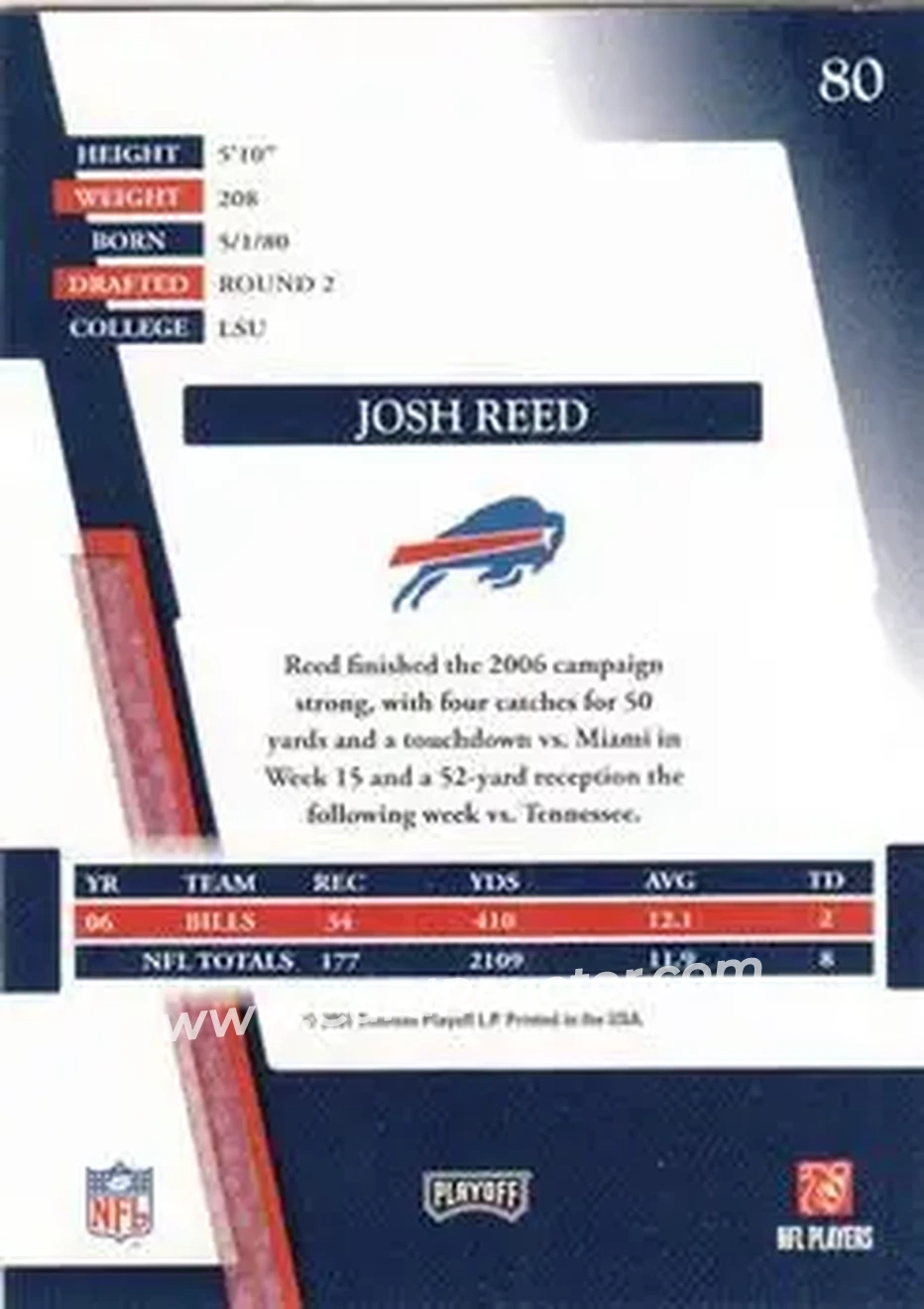 2007 Playoff Absolute Memorabilia #80 - Josh Reed - Buffalo Bills - Back
