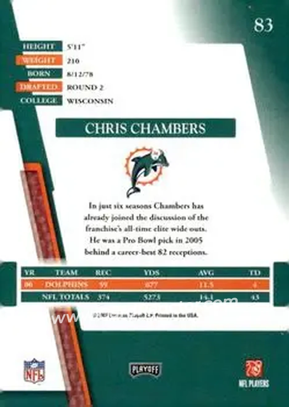 2007 Playoff Absolute Memorabilia #83 - Chris Chambers - Miami Dolphins - Back