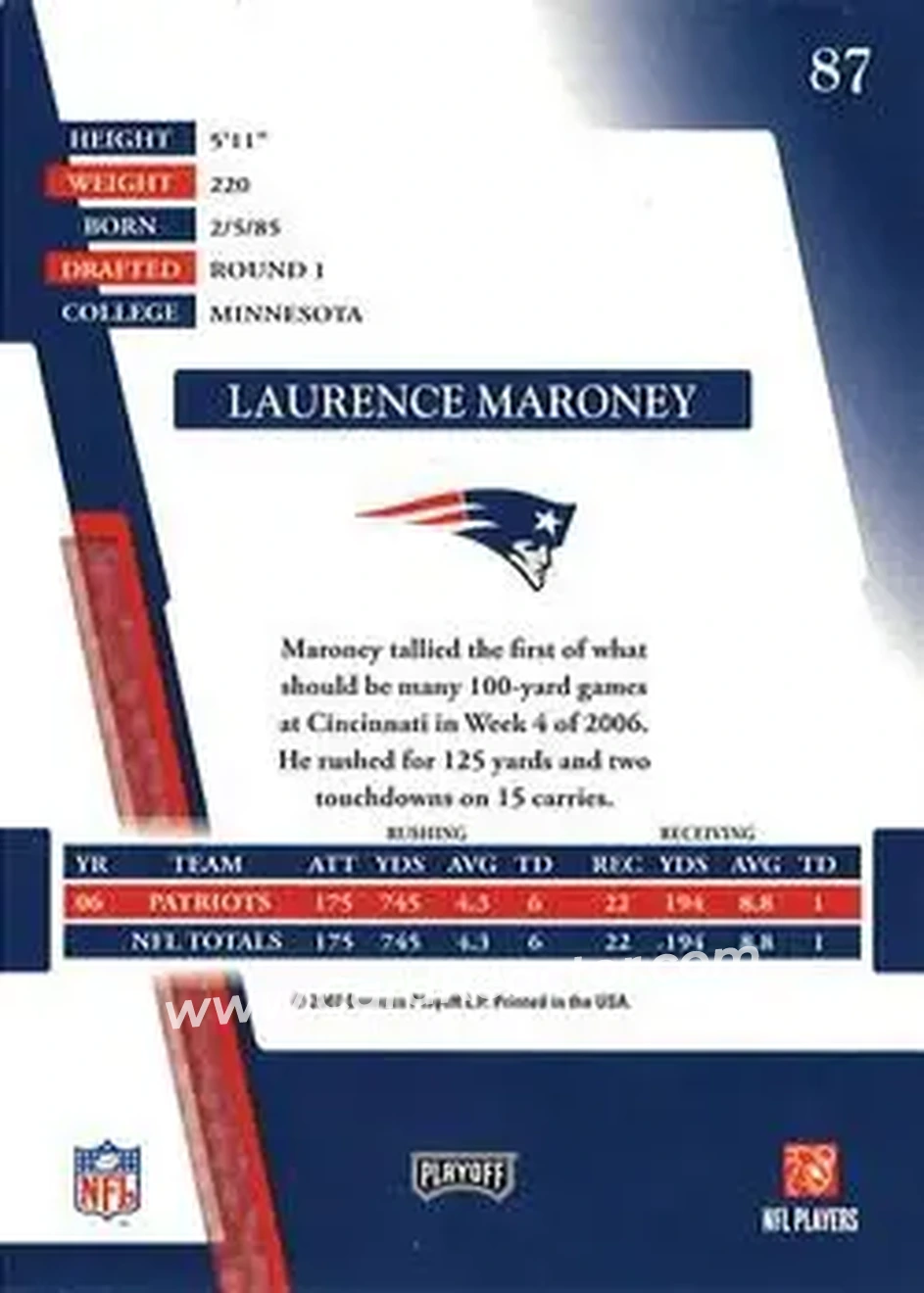 2007 Playoff Absolute Memorabilia #87 - Laurence Maroney - New England Patriots - Back
