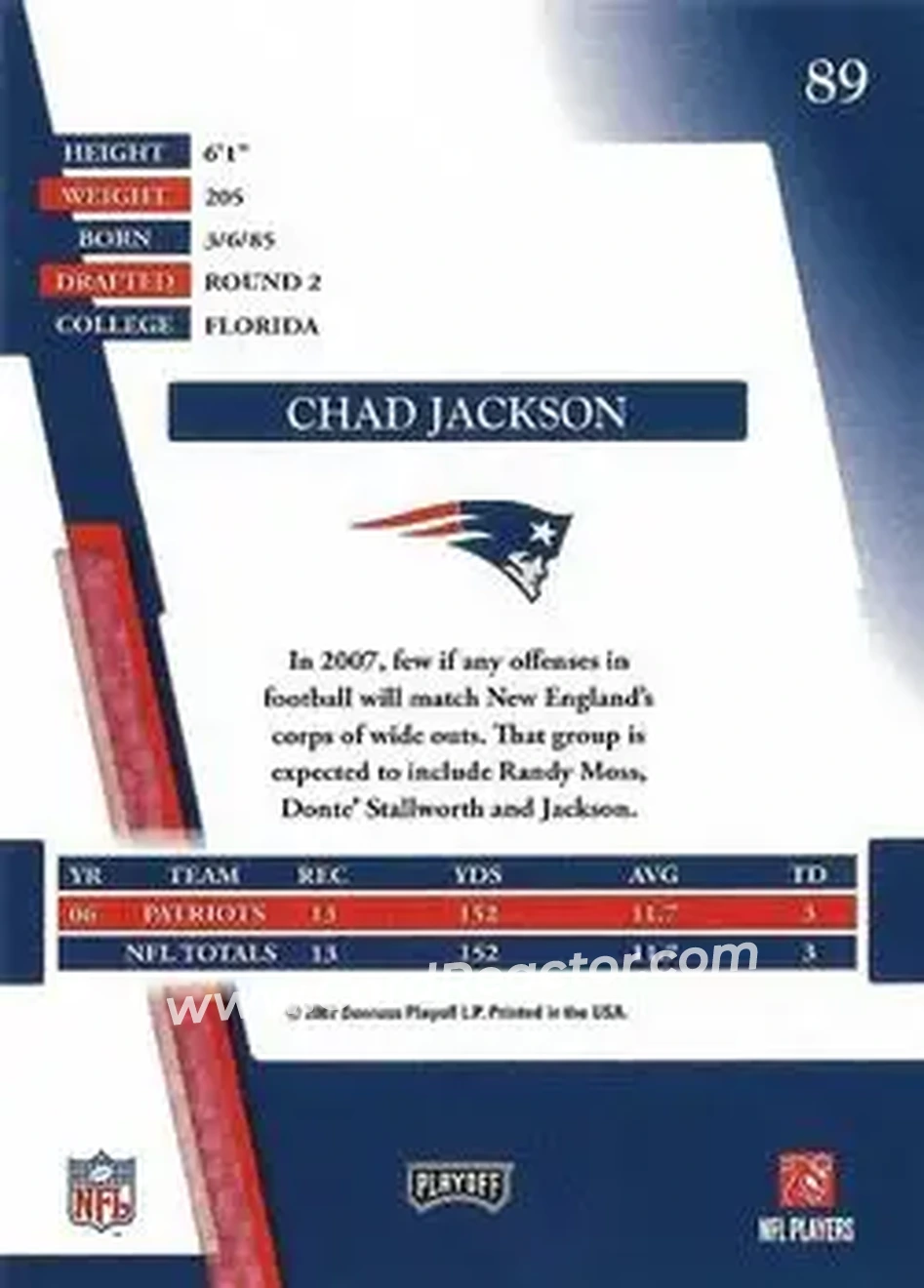 2007 Playoff Absolute Memorabilia #89 - Chad Jackson - New England Patriots - Back