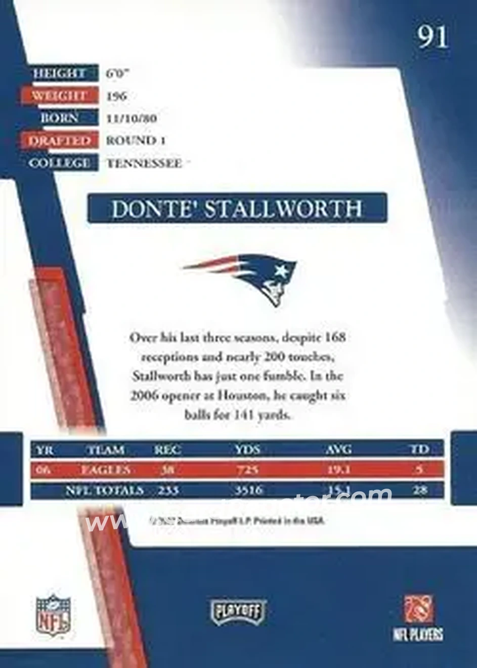 2007 Playoff Absolute Memorabilia #91 - Donte Stallworth - New England Patriots - Back 2007 Playoff Absolute Memorabilia #91 - Donte Stallworth - New England Patriots - Back