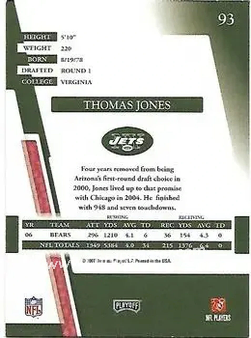 2007 Playoff Absolute Memorabilia #93 - Thomas Jones - New York Jets - Back