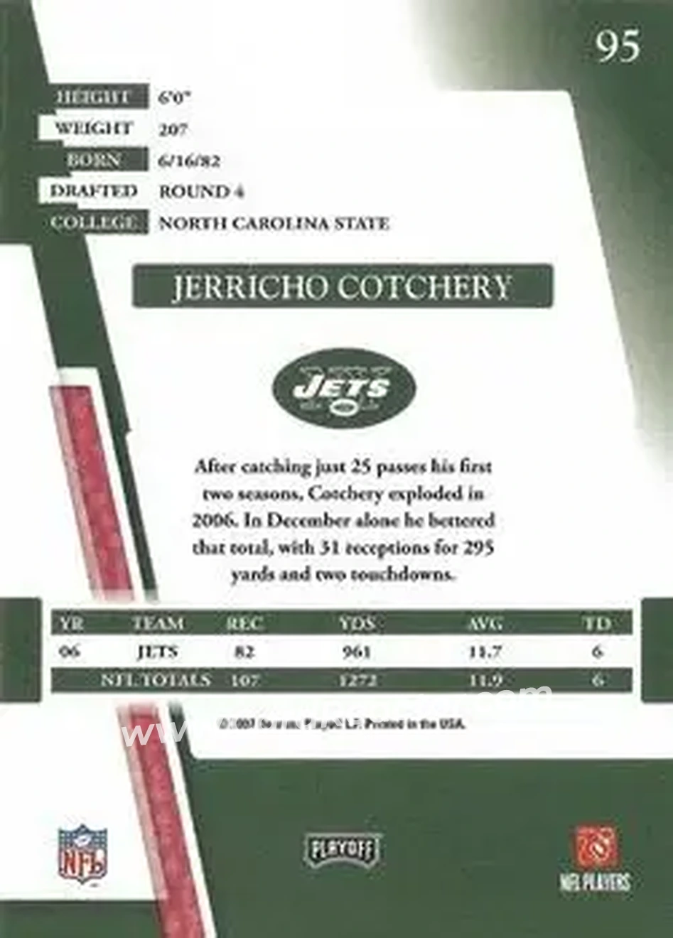 2007 Playoff Absolute Memorabilia #95 - Jerricho Cotchery - New York Jets - Back 2007 Playoff Absolute Memorabilia #95 - Jerricho Cotchery - New York Jets - Back