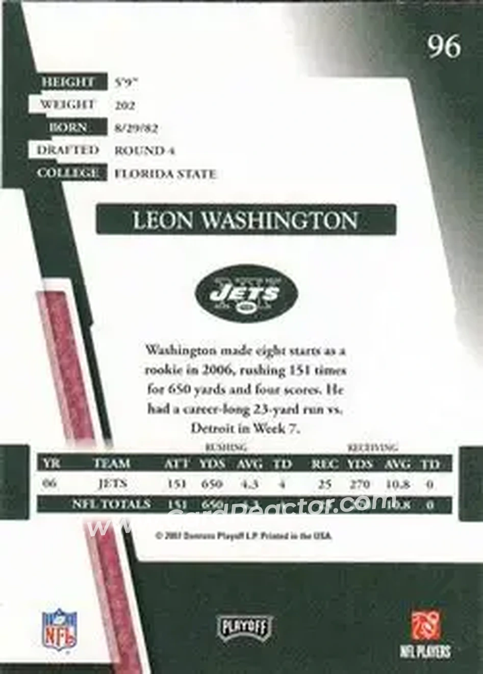 2007 Playoff Absolute Memorabilia #96 - Leon Washington - New York Jets - Back