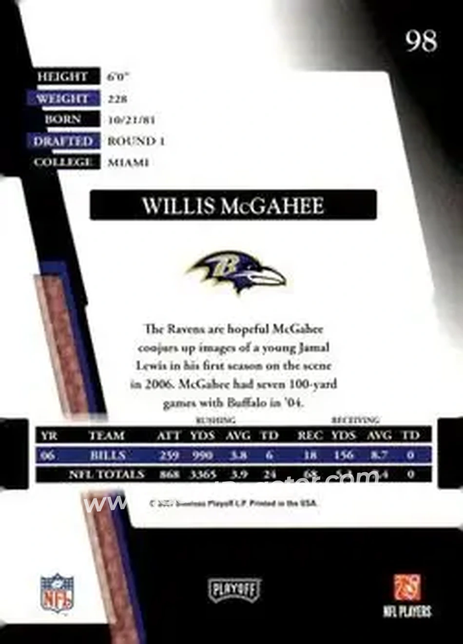 2007 Playoff Absolute Memorabilia #98 - Willis McGahee - Baltimore Ravens - Back