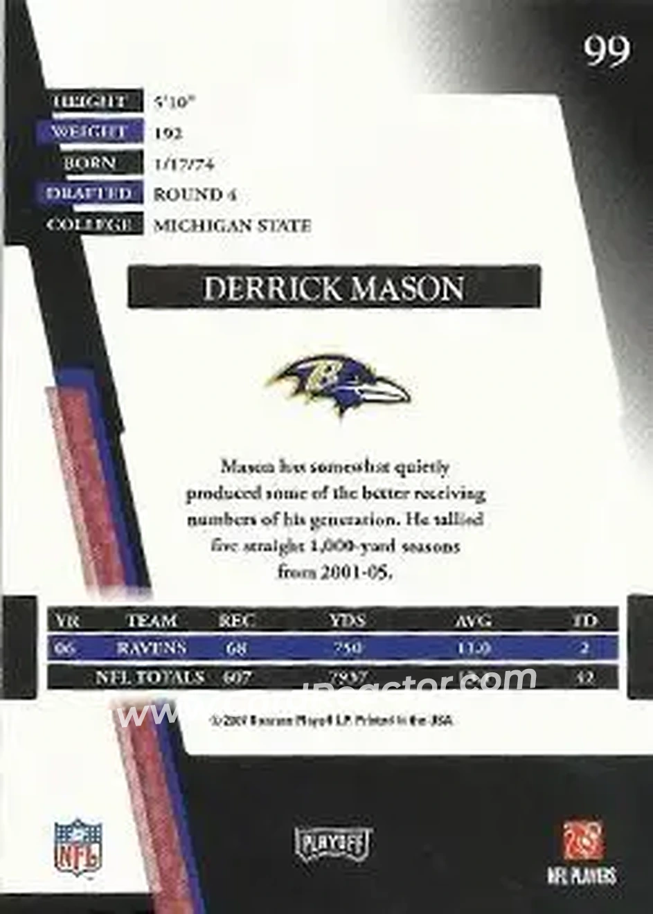 2007 Playoff Absolute Memorabilia #99 - Derrick Mason - Baltimore Ravens - Back 2007 Playoff Absolute Memorabilia #99 - Derrick Mason - Baltimore Ravens - Back