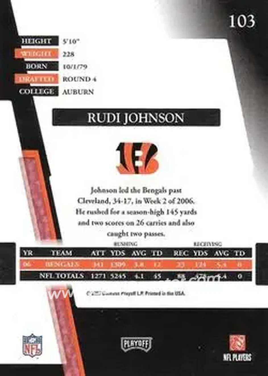 2007 Playoff Absolute Memorabilia #103 - Rudi Johnson - Cincinnati Bengals - Back 2007 Playoff Absolute Memorabilia #103 - Rudi Johnson - Cincinnati Bengals - Back