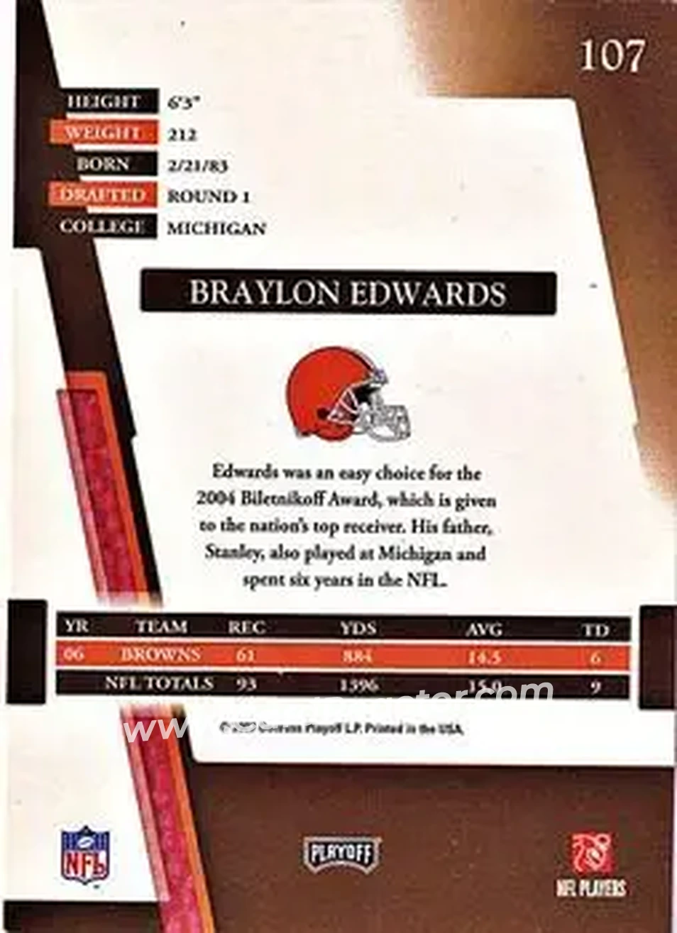 2007 Playoff Absolute Memorabilia #107 - Braylon Edwards - Cleveland Browns - Back 2007 Playoff Absolute Memorabilia #107 - Braylon Edwards - Cleveland Browns - Back