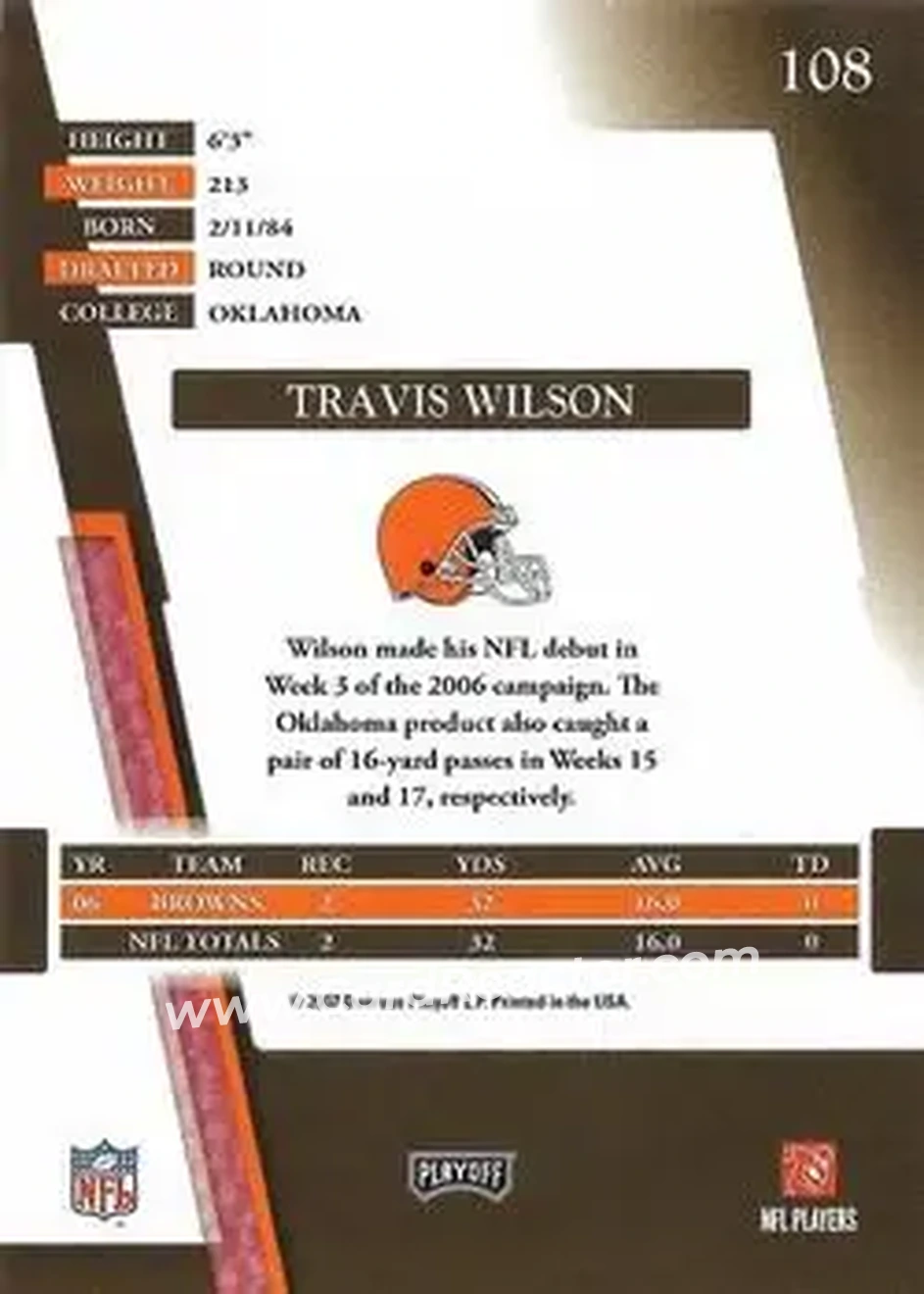 2007 Playoff Absolute Memorabilia #108 - Travis Wilson - Cleveland Browns - Back