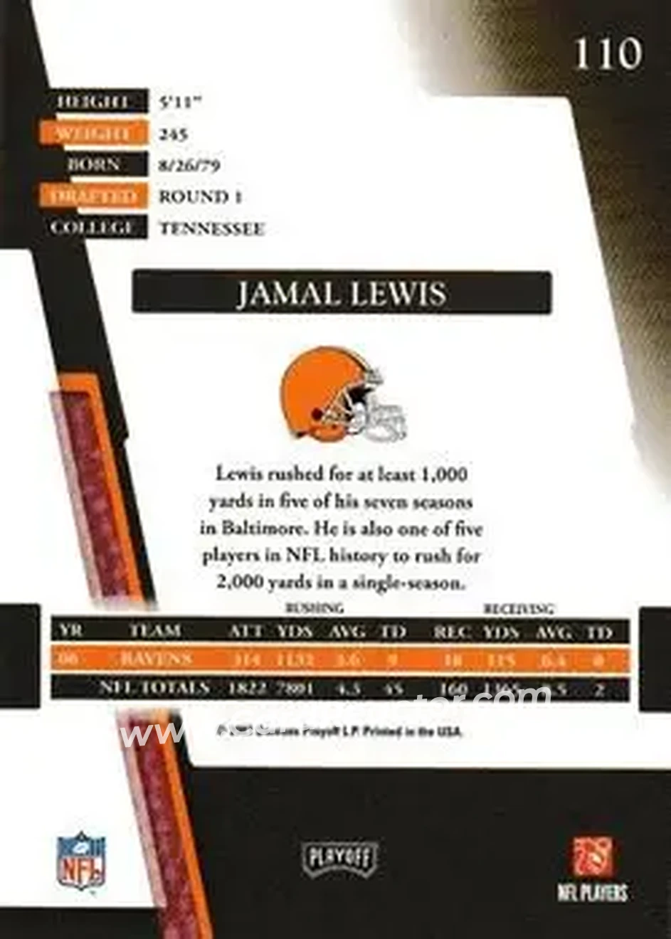2007 Playoff Absolute Memorabilia #110 - Jamal Lewis - Cleveland Browns - Back 2007 Playoff Absolute Memorabilia #110 - Jamal Lewis - Cleveland Browns - Back