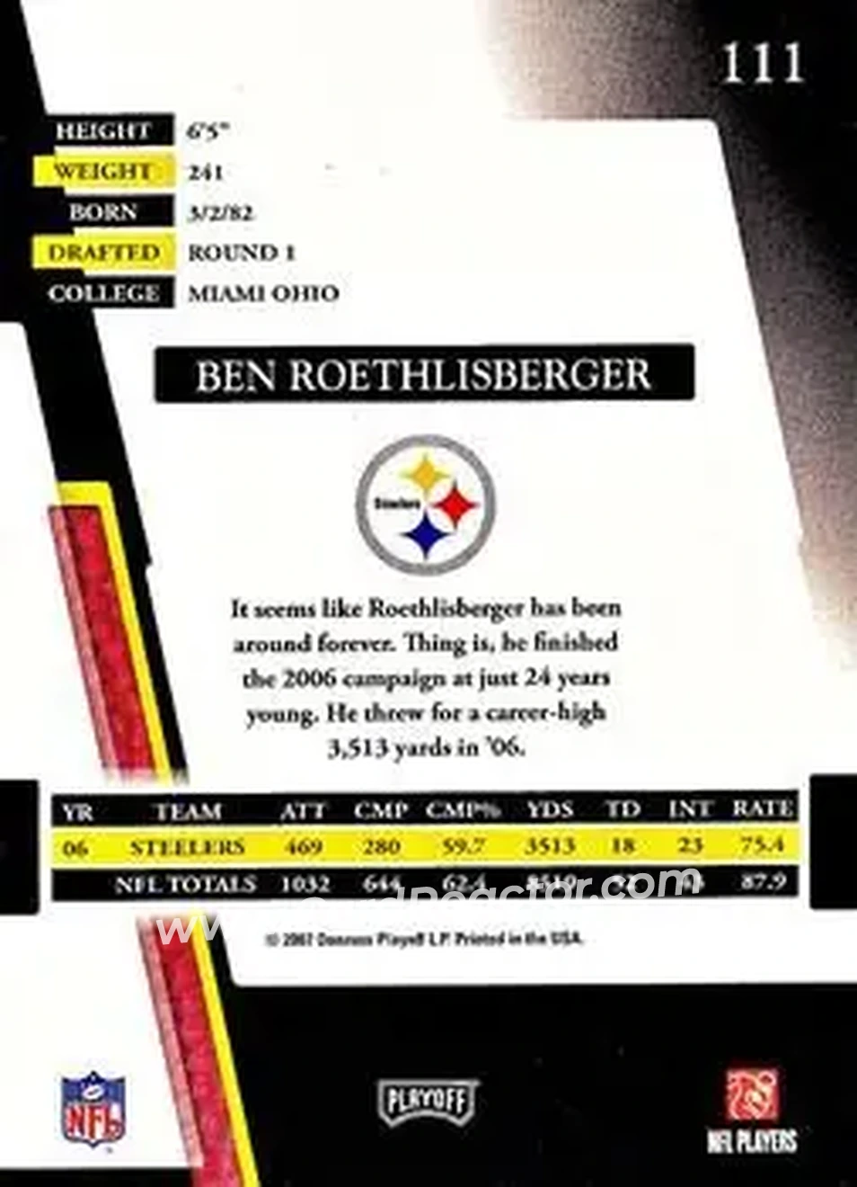 2007 Playoff Absolute Memorabilia #111 - Ben Roethlisberger - Pittsburgh Steelers - Back 2007 Playoff Absolute Memorabilia #111 - Ben Roethlisberger - Pittsburgh Steelers - Back