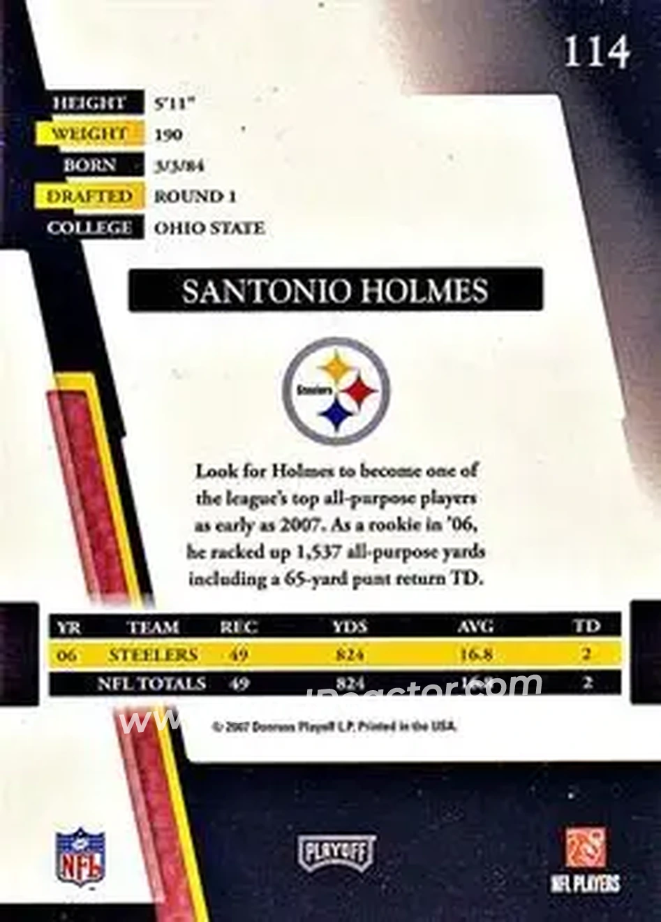 2007 Playoff Absolute Memorabilia #114 - Santonio Holmes - Pittsburgh Steelers - Back 2007 Playoff Absolute Memorabilia #114 - Santonio Holmes - Pittsburgh Steelers - Back
