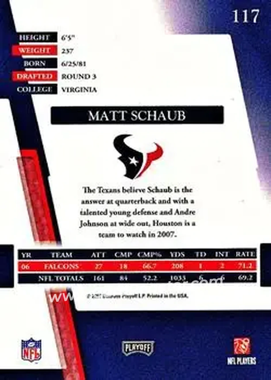 2007 Playoff Absolute Memorabilia #117 - Matt Schaub - Houston Texans - Back