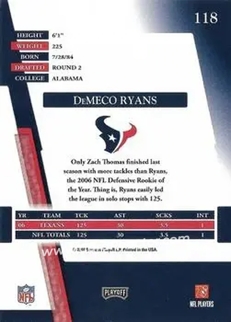 2007 Playoff Absolute Memorabilia #118 - DeMeco Ryans - Houston Texans - Back
