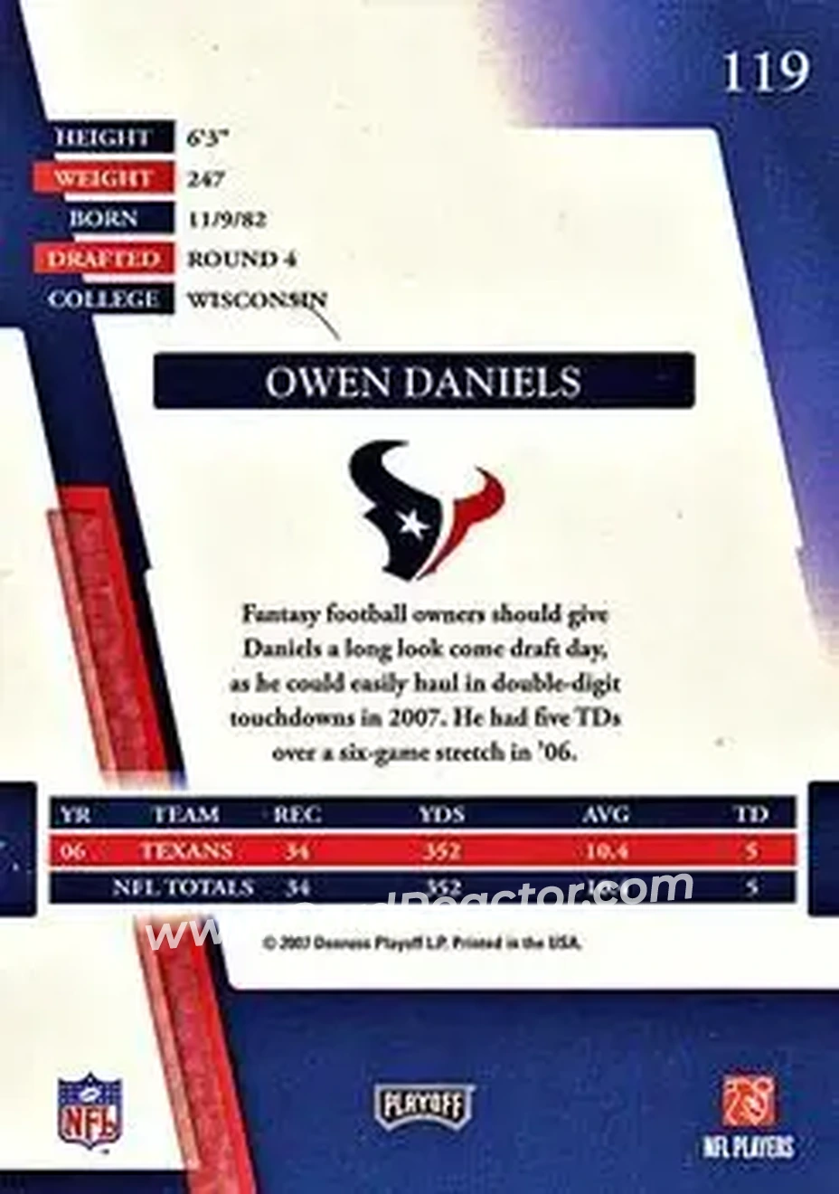 2007 Playoff Absolute Memorabilia #119 - Owen Daniels - Houston Texans - Back