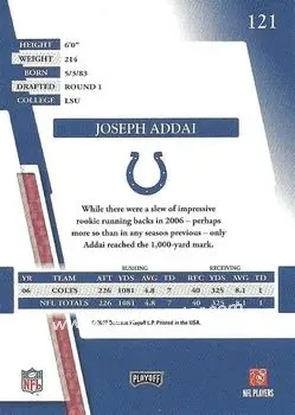 2007 Playoff Absolute Memorabilia #121 - Joseph Addai - Indianapolis Colts - Back