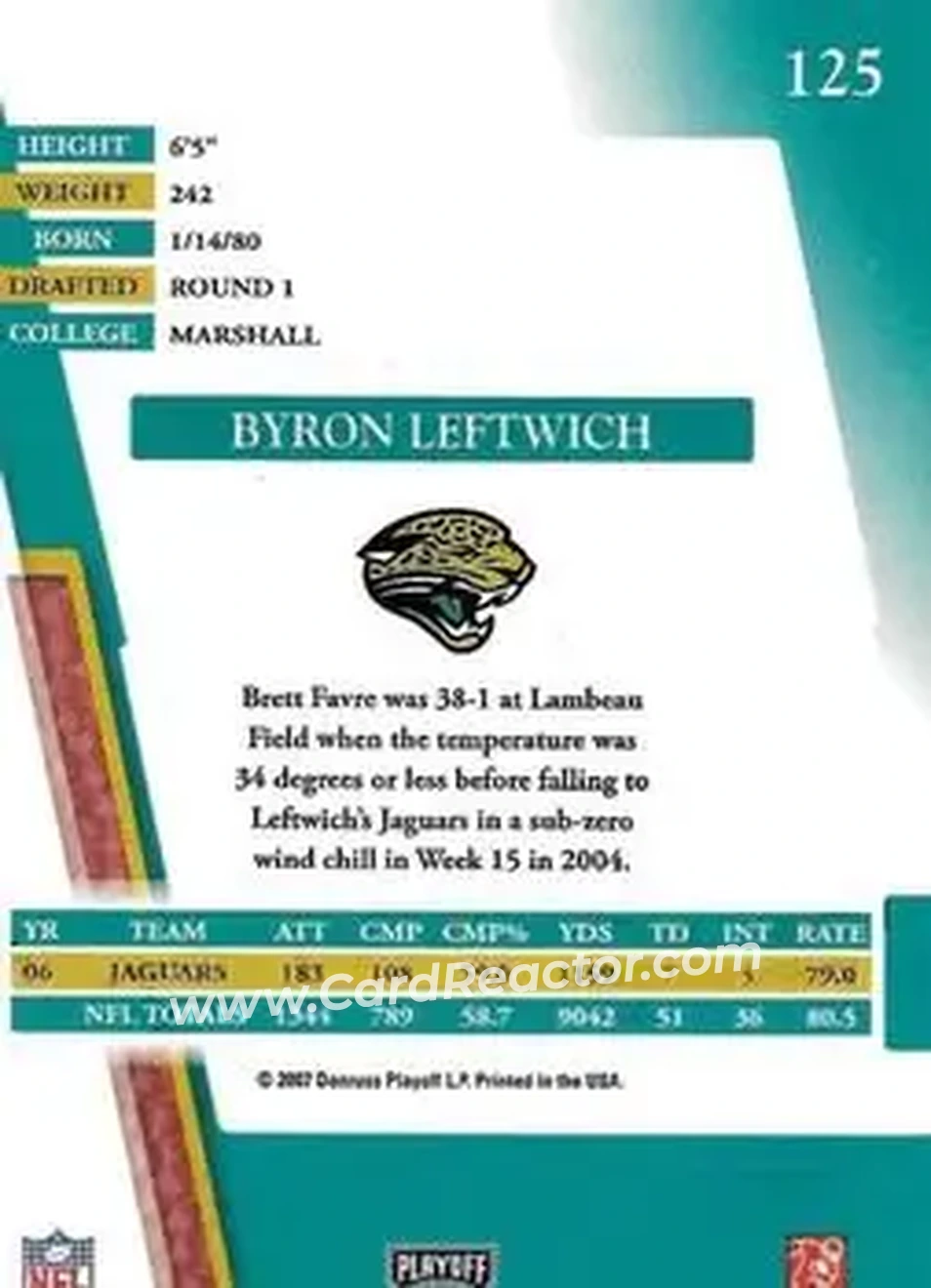 2007 Playoff Absolute Memorabilia #125 - Byron Leftwich - Jacksonville Jaguars - Back 2007 Playoff Absolute Memorabilia #125 - Byron Leftwich - Jacksonville Jaguars - Back