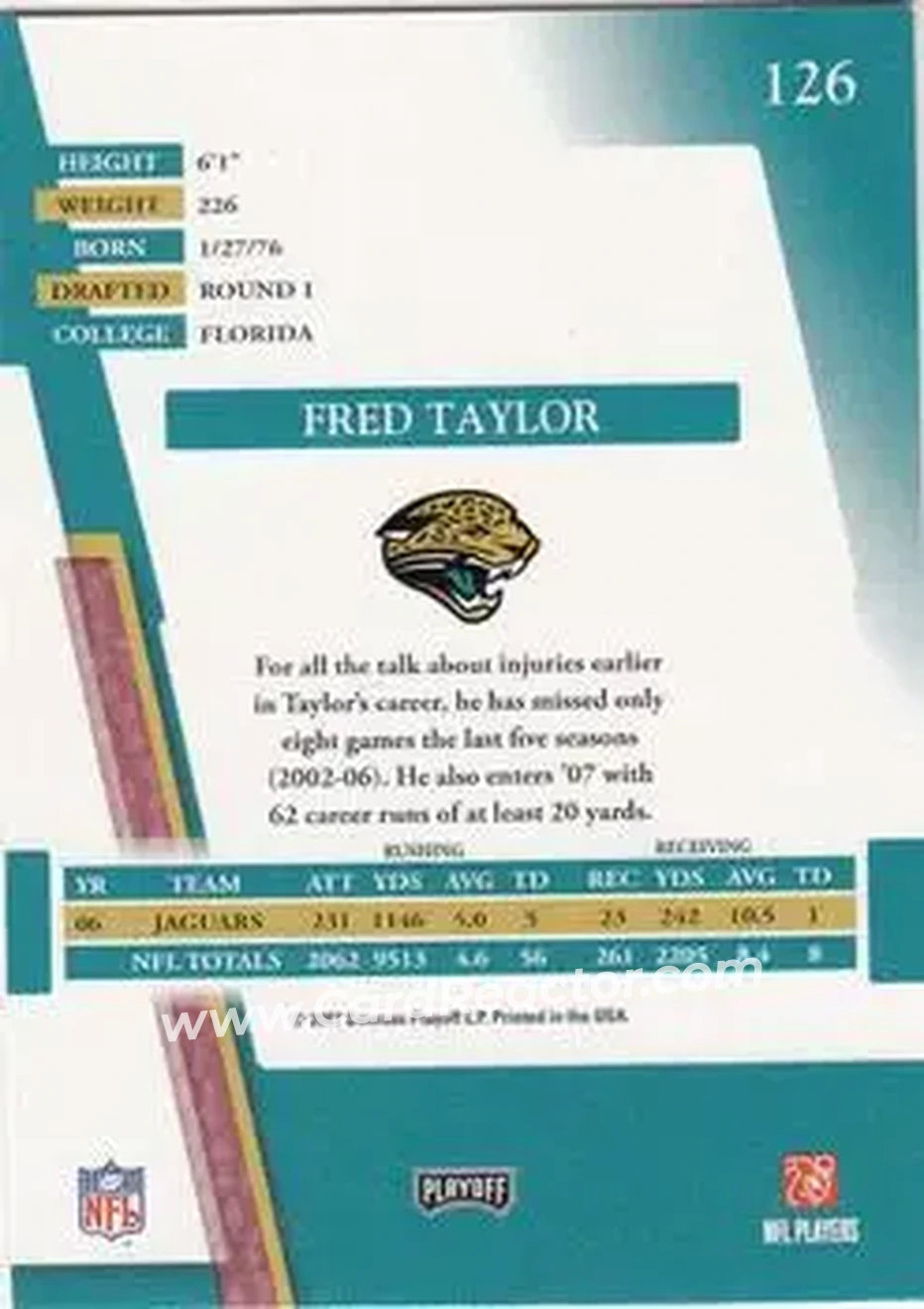 2007 Playoff Absolute Memorabilia #126 - Fred Taylor - Jacksonville Jaguars - Back 2007 Playoff Absolute Memorabilia #126 - Fred Taylor - Jacksonville Jaguars - Back